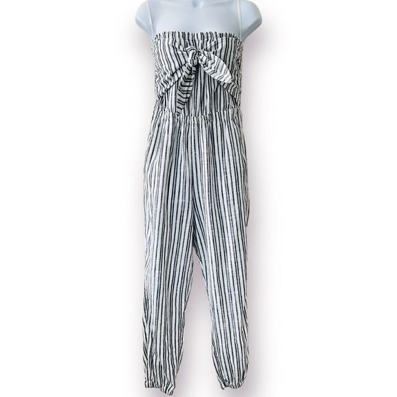 Blue Pants - Aerie 100% Cotton Jumpsuit Striped Blue White Strapless Bow Tie Front Medium